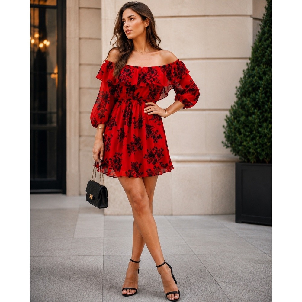 Torrid Womens 1X Red Black Floral Chiffon Off Shoulder Ruffle Mini Dress Goth